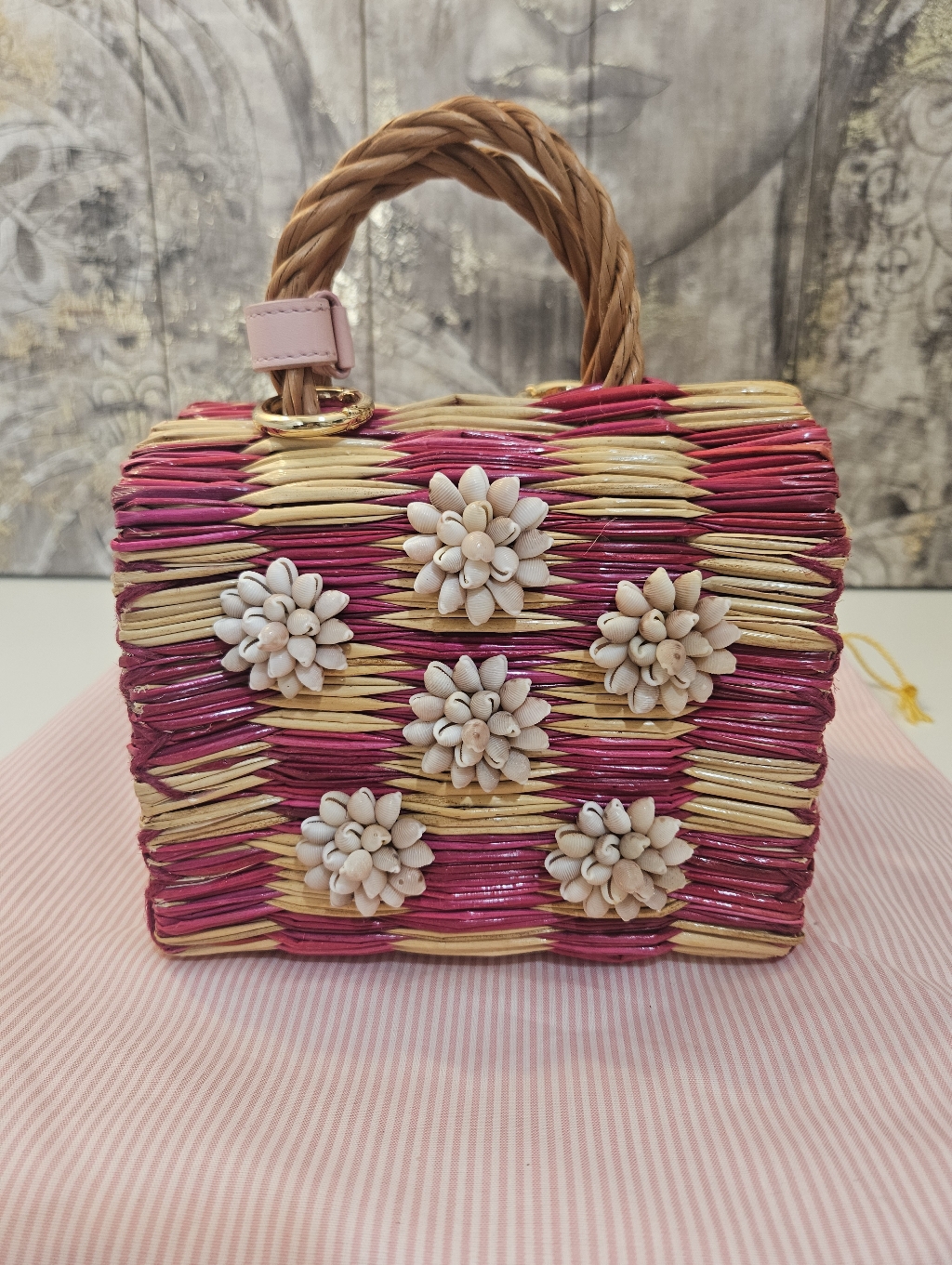 Heimat Atlantica Straw Handle Mini Bag Magenta Natural Reed Weave W/ Seashells